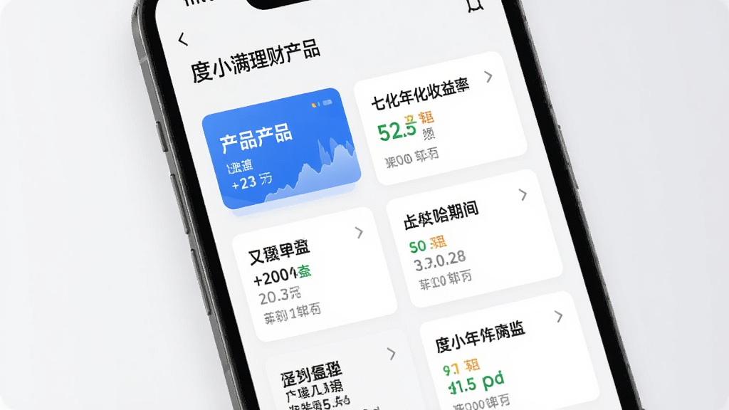 一张展示度小满理财产品列表的界面图,画面中手机屏幕显示多个理财产品卡片,每个卡片标注产品名称、七日年化收益率和期限,背景为白色与浅灰色搭配,风格清爽简约,布局整齐,画质清晰,干净无杂乱元素