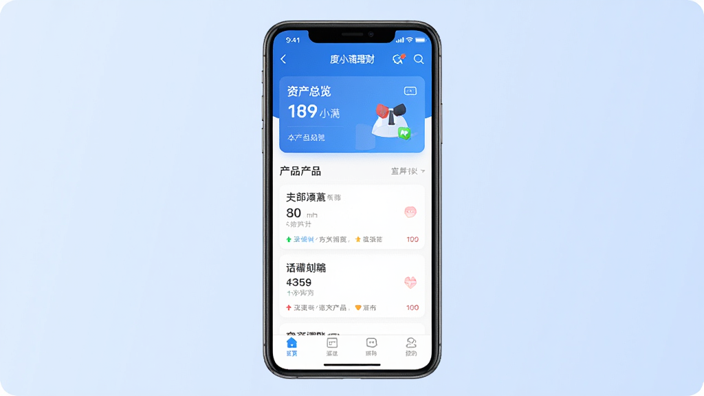 一张展示度小满理财手机应用界面的预览图,画面中央是一部竖屏智能手机,屏幕内显示度小满理财APP的首页,包含资产总览卡片、产品列表和底部导航栏,背景为浅蓝色渐变,风格简洁商务,细节清晰,画质干净,无多余元素
