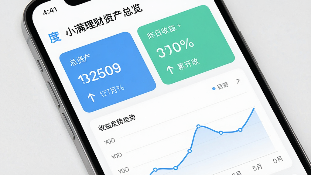 一张展示度小满理财资产总览页面的图片,画面中手机屏幕显示总资产数字、昨日收益、累计收益等数据卡片,下方有收益走势折线图,背景为浅色系,风格清新柔和,排版清晰,画质干净,无多余元素