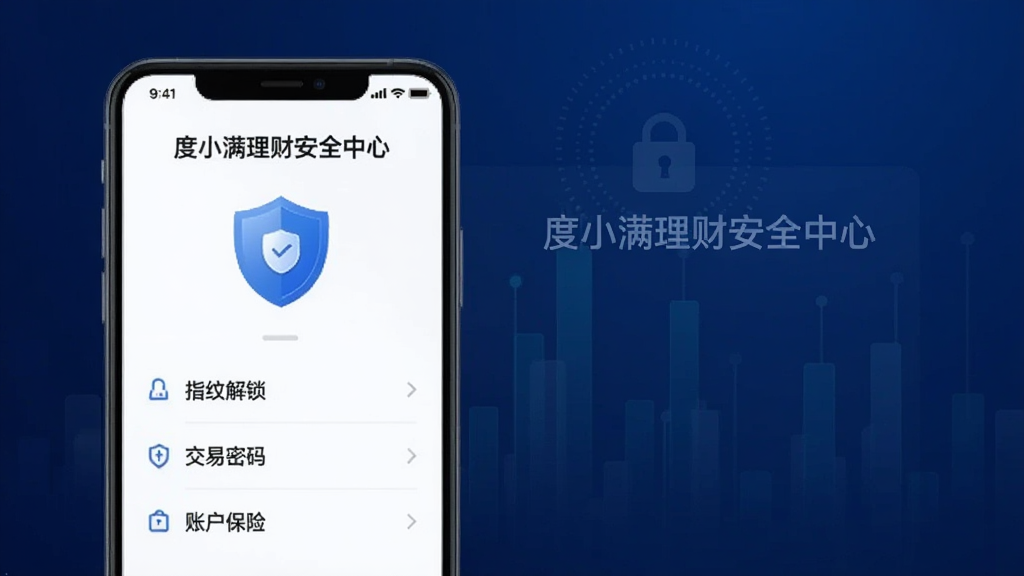 一张展示度小满理财安全中心页面的示意图,画面中手机屏幕显示盾牌图标和安全设置选项,包括指纹解锁、交易密码、账户保险等条目,背景为深蓝色科技感渐变,风格稳重专业,细节精致,画质干净,无多余元素