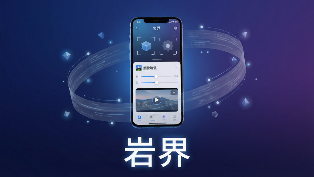 软件名称“岩界”核心全貌展示图。主体:一部现代智能手机悬浮在画面中央,屏幕中显示“岩界”应用程序的主界面,界面包含智能识别框、图像增强调节滑块和实时预览窗口。布局:手机居中放置,周围环绕着半透明的数据流线条与几何光点,形成科技感包围效果。排版:画面下方用简洁的无衬线字体标注“岩界”二字,字体颜色为白色发光效果。风格:现代科技风,深蓝色到紫色的渐变背景,光线柔和。细节:手机屏幕反射出微弱的蓝光,界面元素清晰可辨,数据流线条呈现流动感。画质:4K超高清,画面干净,无多余元素,无杂乱背景。