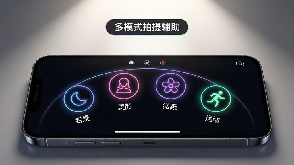 展示“岩界”应用的多模式拍摄辅助界面。主体:手机横向放置,屏幕中显示四种拍摄模式图标排列成弧形菜单,分别为月亮图标代表夜景、人像图标代表美颜、花朵图标代表微距、奔跑小人图标代表运动。布局:手机位于画面中央偏下,上方有柔和的光线照射。排版:屏幕顶部有“多模式拍摄辅助”文字标签。风格:暗色系科技风,图标带有霓虹光效。细节:每个图标下方有简短文字说明,屏幕边缘有微光反射。画质:高清,干净,无多余元素。