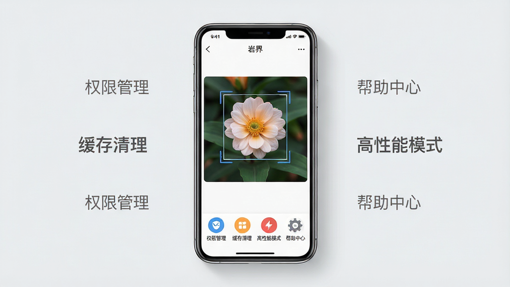 画面主体为“岩界”应用在手机上的运行状态展示。布局:手机正面竖屏放置于画面中央,屏幕显示识别界面,下方有四个图标分别代表权限管理、缓存清理、高性能模式和帮助中心。排版:手机两侧有简洁的文字标注“权限管理”“缓存清理”“高性能模式”“帮助中心”,字体为灰色小号。风格:扁平化设计,浅灰色背景,柔和阴影。细节:手机屏幕内显示一朵花被识别框选中,界面干净整洁。画质:高清,无多余元素,干净清爽。