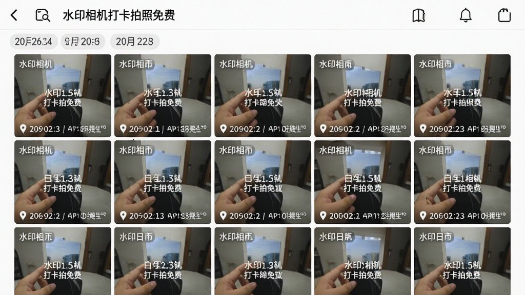 一张手机相册截图展示多张带有水印的打卡照片缩略图排列,每张照片上都清晰可见时间地点经纬度水印信息,相册顶部显示“水印相机打卡拍照免费”字样,画面布局为九宫格缩略图排列,风格为手机相册真实截图效果,细节包含照片缩略图、日期分组标签,画质清晰干净无多余元素