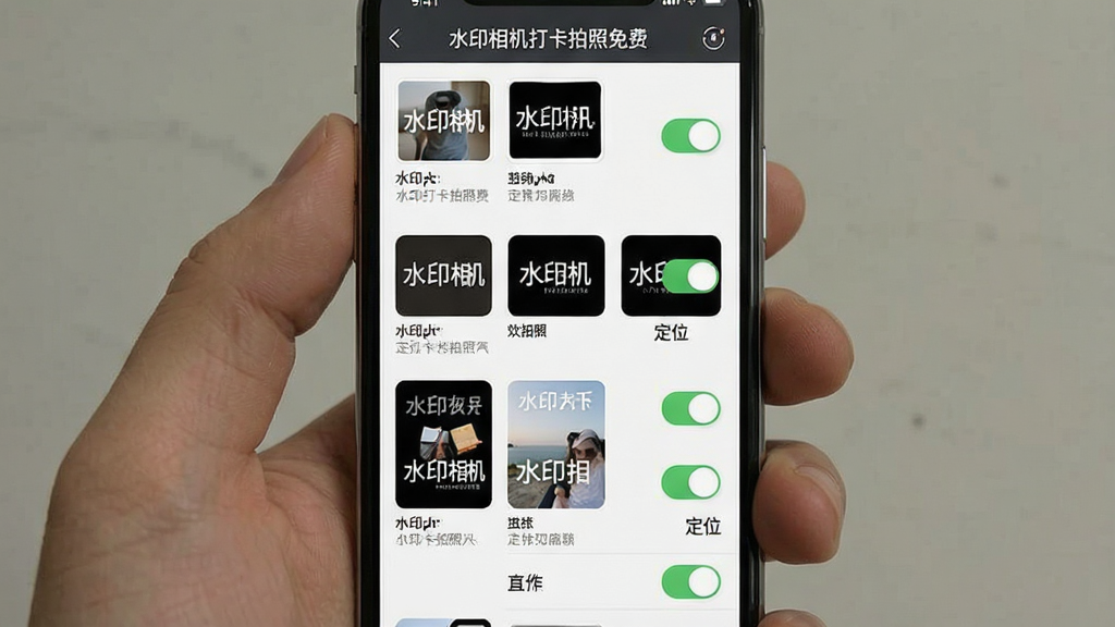 一张手机屏幕展示水印相机打卡拍照免费软件的设置界面,画面中显示多个水印模板选项和定位开关按钮,界面顶部有“水印相机打卡拍照免费”软件名称,布局为竖屏列表式设置菜单,风格为简洁工具类APP设置页,细节包含模板缩略图、开关按钮、文字说明,画质清晰干净无多余元素