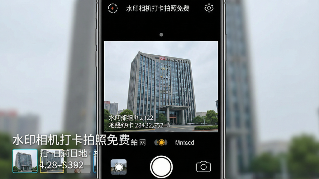 一张手机屏幕展示水印相机打卡拍照免费软件主界面,画面中央是相机取景框,取景框内显示正在拍摄的办公大楼场景,画面左下角叠加显示白色半透明水印信息包含时间日期地址经纬度,顶部有软件名称“水印相机打卡拍照免费”字样,整体布局为竖屏手机界面,风格为简洁实用的工具类APP截图,细节包含相机图标、水印模板缩略图、底部拍摄按钮,画质清晰干净无多余元素