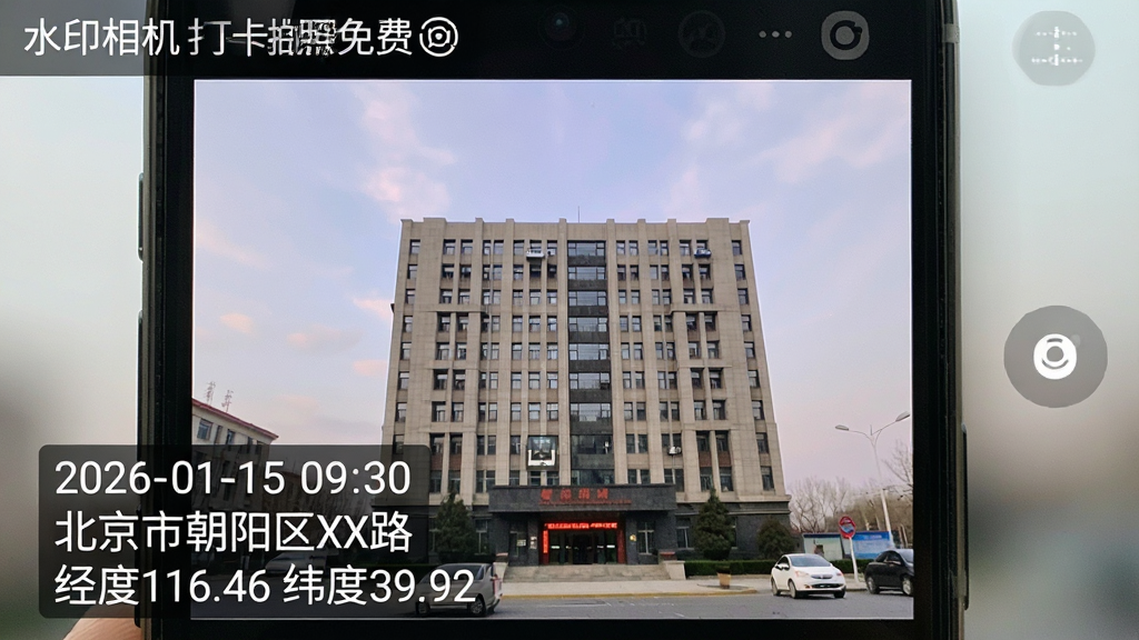 一张手机拍照界面特写,画面中相机对准一栋建筑物,照片上自动叠加了白色文字水印包含“2026-01-15 09:30”“北京市朝阳区XX路”“经度116.46 纬度39.92”等信息,水印排版整齐位于画面左下角,手机界面顶部显示“水印相机打卡拍照免费”软件名称,风格为真实拍照效果图,画质清晰干净无多余元素