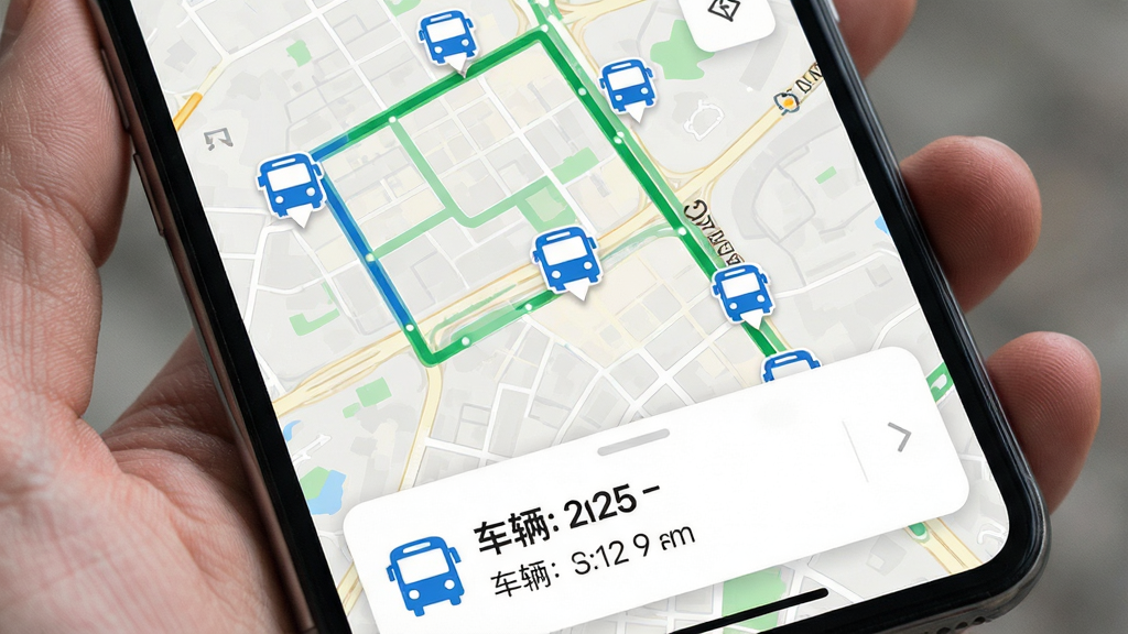 手机屏幕显示地图界面,地图上有公交线路轨迹和多个公交车图标,主体为手机正面视角,布局为地图占满屏幕、底部弹出车辆信息卡片,排版突出车辆位置与到站时间,风格为清爽简约的移动应用界面,细节包含蓝色公交车图标、绿色线路高亮、白色信息卡片,画质清晰干净,背景为浅色城市地图纹理。