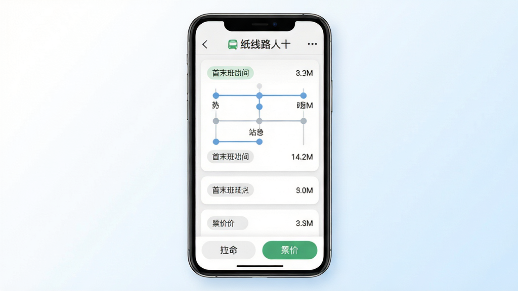 手机应用界面展示公交线路详情页,主体为手机屏幕,布局为顶部线路名称、中部站点列表、底部操作按钮,排版采用纵向列表结构,风格为素雅极简的卡片式设计,细节包含站点圆点连线、首末班时间标签、票价文字,画质高清干净,背景为白色到浅蓝色的柔和渐变。