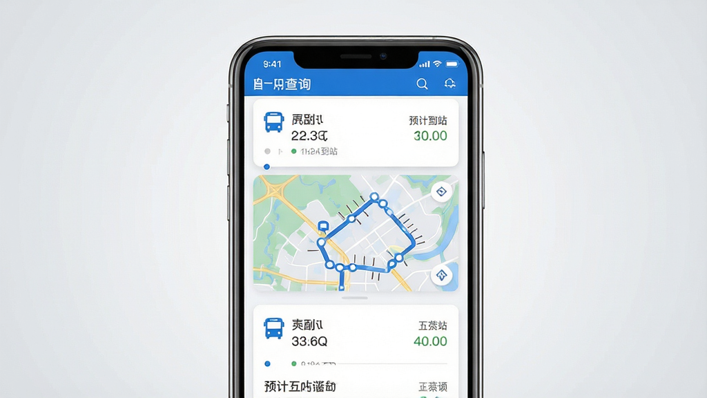 一张手机屏幕展示公交查询应用的界面,主体为手机居中放置,屏幕内显示公交线路列表和地图轨迹,布局简洁清晰,排版采用卡片式信息流,风格为现代扁平化科技风,细节包含蓝色主题色、站点圆点标记、车辆图标和预计到站时间文字,画质高清干净无多余元素,背景为浅灰色渐变。