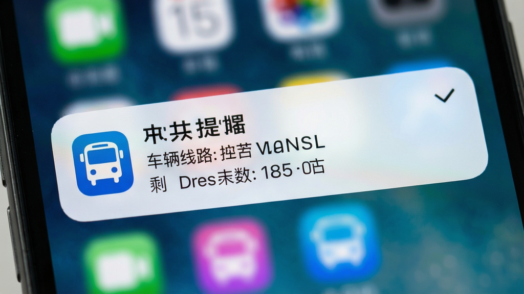 手机锁屏界面弹出公交到站提醒通知,主体为手机屏幕特写,布局为通知卡片居中显示,排版突出车辆线路与剩余站数,风格为简洁明了的系统通知样式,细节包含蓝色应用图标、白色通知背景、黑色文字信息,画质清晰干净,背景为虚化的手机桌面。