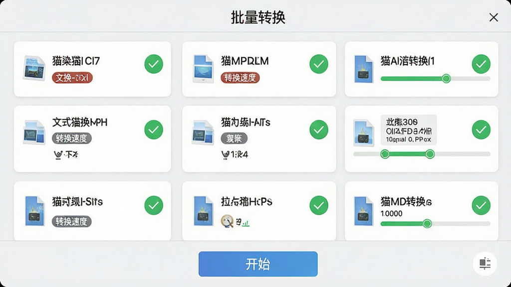 画面展示转换猫MP3转换器批量转换界面,多个文件卡片整齐排列,每个卡片右侧有绿色对勾和进度条,顶部有“批量转换”字样,底部有开始按钮,布局为列表式,风格为简约商务浅色界面,细节包括文件名称、格式标签、转换速度数值,画质高清,干净,无多余元素