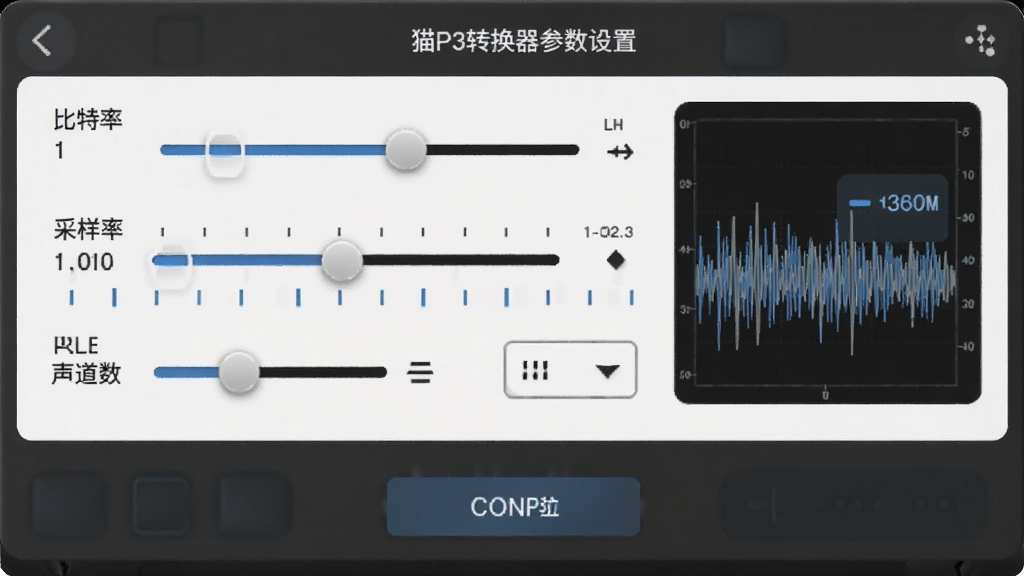 画面展示转换猫MP3转换器参数设置面板,包含比特率、采样率、声道数等滑块和下拉选项,背景为深灰色专业风格,布局为纵向排列,风格为科技感UI界面,细节有数值刻度、音频波形示意图、确认按钮,画质清晰,干净,无多余元素