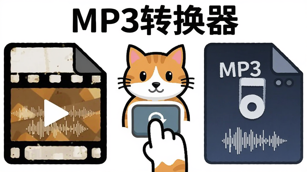 画面左侧显示一个视频文件图标,右侧显示一个MP3音频文件图标,中间由一只卡通猫咪用爪子按下转换按钮连接,转换猫MP3转换器文字以标题形式出现在顶部,布局为左右对比式,风格为扁平化卡通插画,细节包括视频胶片纹理、音频波形图案,画质干净,无多余元素