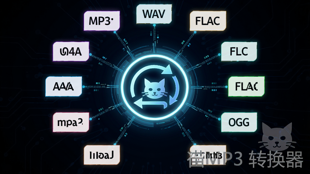 画面中央展示一个发光的圆形转换图标,周围环绕MP3、WAV、FLAC、AAC、M4A、OGG等格式标签,转换猫MP3转换器软件名称以半透明水印形式出现在画面右下角,布局为放射状排列,风格为科技感深色背景搭配霓虹光效,细节有数据流线条连接各格式,画质清晰,干净,无多余元素