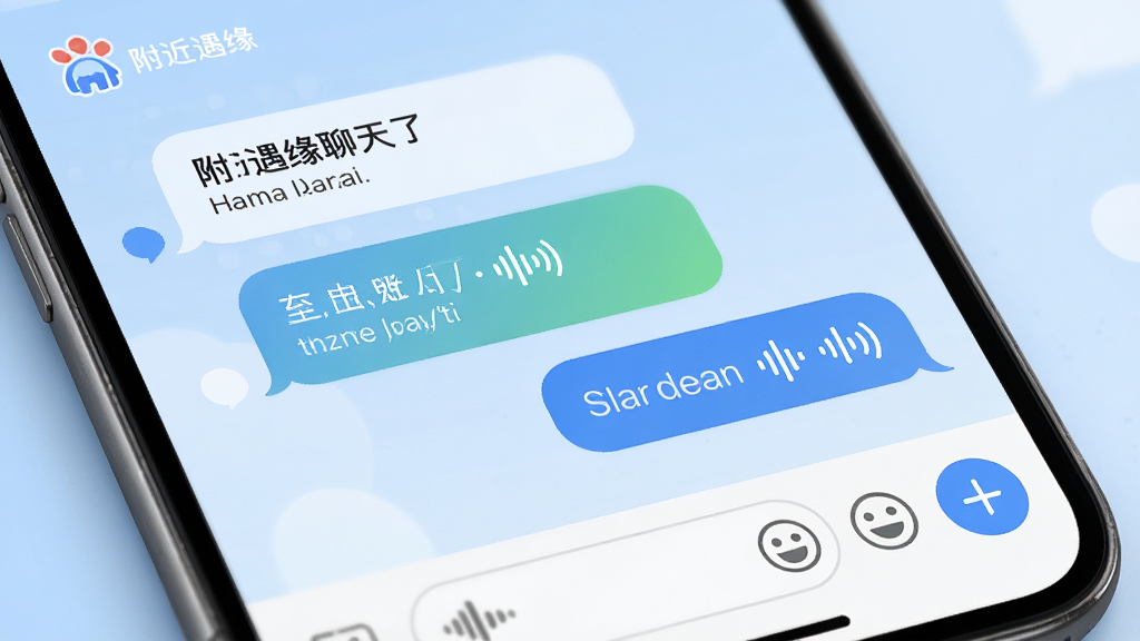 附近遇缘聊天界面特写,气泡对话框展示文字和语音消息,底部输入框带有表情和加号按钮,背景为淡蓝色渐变,风格清新,画面中包含附近遇缘logo,高清画质,细节丰富,无多余元素