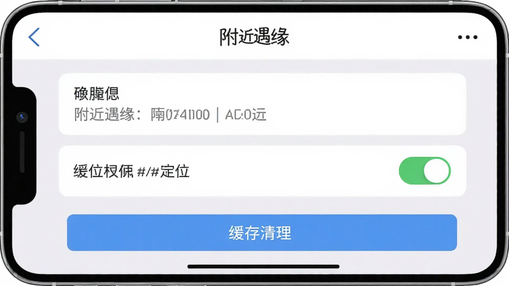 附近遇缘应用设置界面截图,展示隐私选项、定位权限开关和缓存清理按钮,手机屏幕以浅灰色背景为主,布局清晰,风格简洁,画面中包含附近遇缘文字,高清画质,无多余元素