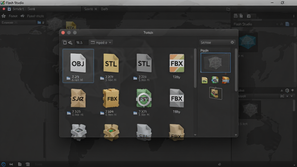 Flash Studio 多格式导入导出功能界面,画面中央为文件管理弹窗,显示 OBJ、STL、FBX 等格式图标排列整齐,背景为深色半透明遮罩,风格简洁商务,细节包含文件大小与预览缩略图,画质高清,画面干净,无多余元素