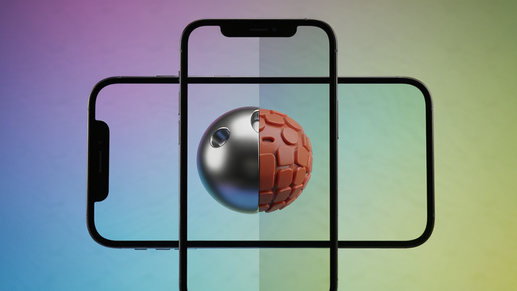 Flash Studio 实时渲染效果展示,画面主体为三维模型在手机屏幕中呈现金属与塑料材质对比,背景为渐变环境光,风格写实渲染,细节包含反射高光与阴影过渡,画质精细,画面干净,无多余元素