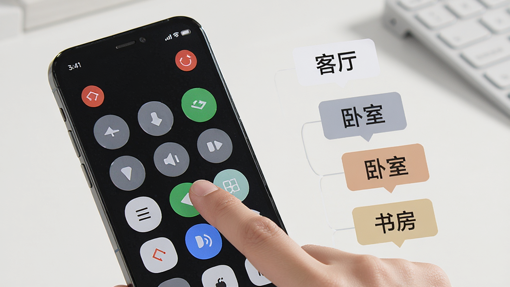 一张展示万能遥控器自定义遥控面板功能的图片,画面中一部手机屏幕上显示着可拖拽的虚拟按键,用户正在用手指调整按键布局,屏幕旁边有多个不同房间的标签,如客厅、卧室、书房,背景是简洁的桌面,风格直观友好,细节清晰,画质高清,干净无多余元素