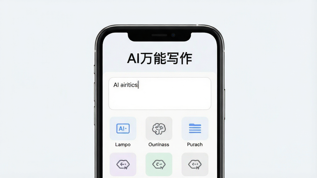 AI万能写作软件主界面截图,画面中央展示手机屏幕,屏幕内是简洁的写作应用界面,顶部有“AI万能写作”文字标识,中部有输入框和多个写作模板图标,背景为干净浅色,整体风格清新简约,画质清晰,无多余元素