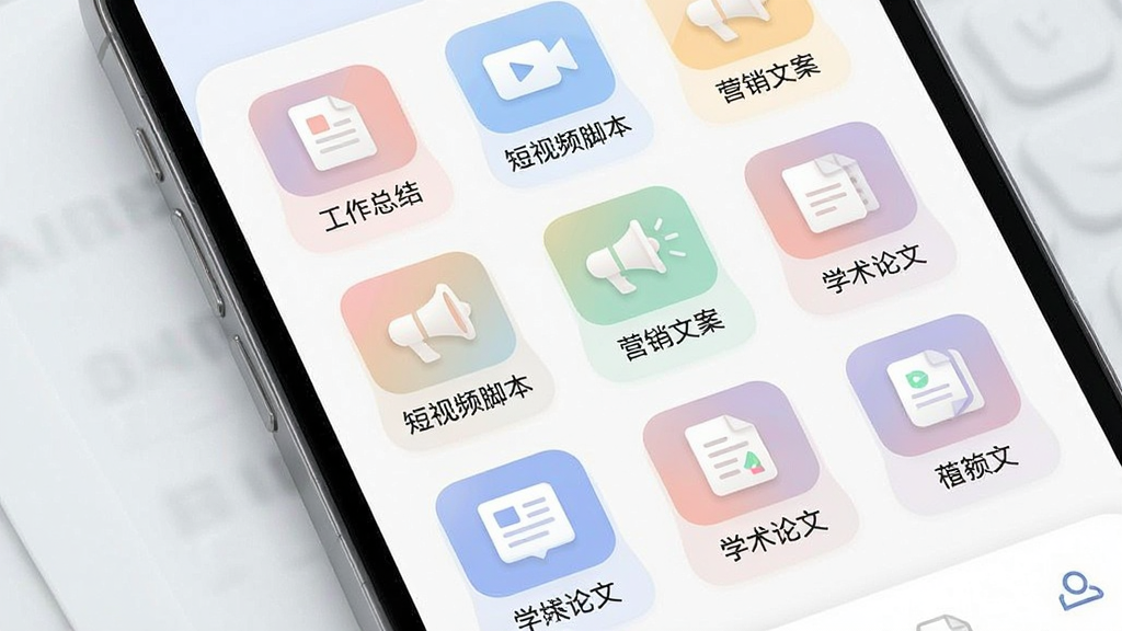 AI万能写作功能展示图,画面展示手机屏幕中排列整齐的各类写作模板图标,包括“工作总结”“短视频脚本”“营销文案”“学术论文”等分类标签,界面色彩柔和,布局清晰,风格现代简约,画质干净,无多余元素