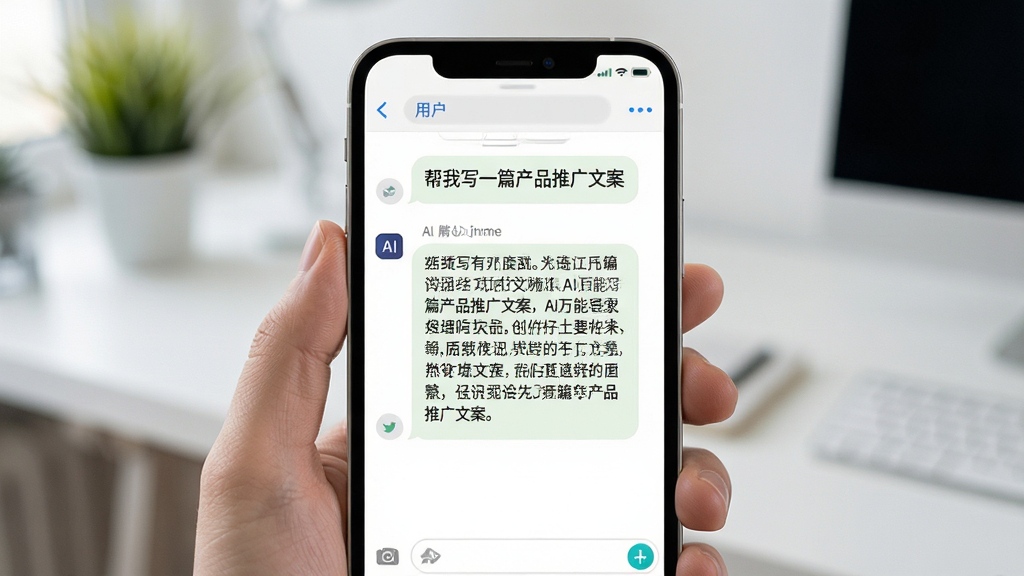 AI万能写作对话式创作界面,画面展示手机聊天式界面,用户输入“帮我写一篇产品推广文案”,AI回复生成完整文案内容,界面配色清爽,文字清晰可读,风格简洁现代,画质干净,无多余元素