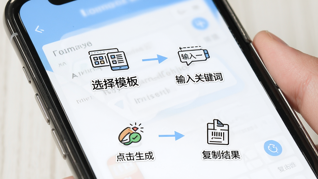 AI万能写作新手操作指引图,画面展示手机屏幕中分步骤操作流程图,包括“选择模板”“输入关键词”“点击生成”“复制结果”四个步骤,每步配有简洁图标和文字说明,整体风格清晰明了,画质干净,无多余元素