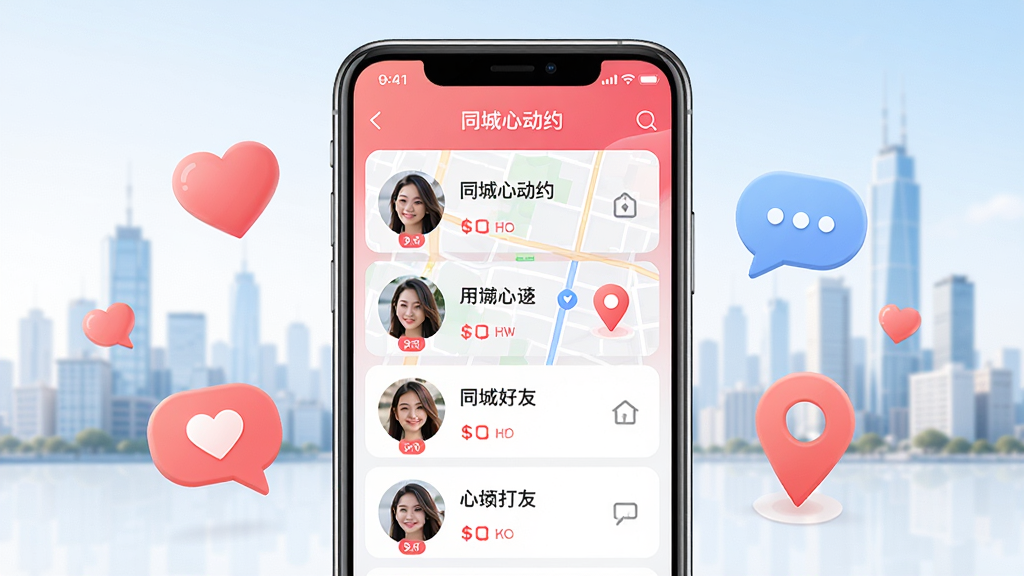 同城心动约APP主界面展示,画面中央是一部智能手机,屏幕显示同城心动约的推荐好友列表和地图定位标记,周围环绕着爱心、对话气泡和定位图标,背景是明亮的城市天际线,布局居中对称,风格清新现代,细节包括用户头像卡片和距离标签,画质高清,干净,无多余元素