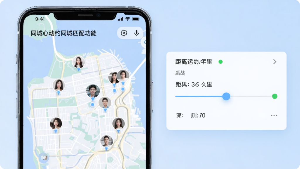 同城心动约同城匹配功能界面,手机屏幕显示地图上分布着多个用户头像标记,右侧弹出距离筛选滑块,背景为淡蓝色渐变,布局左图右表,风格科技简约,细节包括公里数标签和在线状态圆点,画质清晰,干净,无多余元素