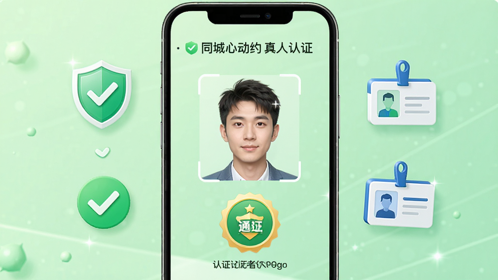 同城心动约真人认证页面,手机屏幕中央显示人脸识别框和认证通过徽章,周围有盾牌、勾选标记和身份证图标,背景为浅绿色安全色调,布局居中,风格可信赖,细节包括认证等级文字,画质高清,干净,无多余元素