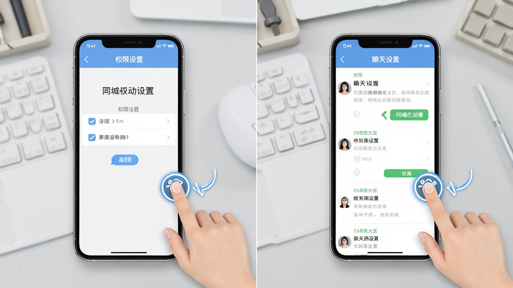 同城心动约移动端操作示意图,手机屏幕展示权限设置页面和聊天列表,旁边有手指点击图标,背景为浅灰色工作台,布局左右分栏,风格教程说明,细节包括勾选标记和箭头指引,画质高清,干净,无多余元素