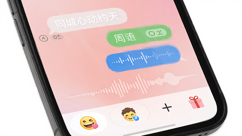 同城心动约聊天界面,手机屏幕显示对话气泡和语音消息波形,底部有表情按钮和加号菜单,背景为柔和粉色渐变,布局上下结构,风格亲切温馨,细节包括已读标签和礼物图标,画质清晰,干净,无多余元素