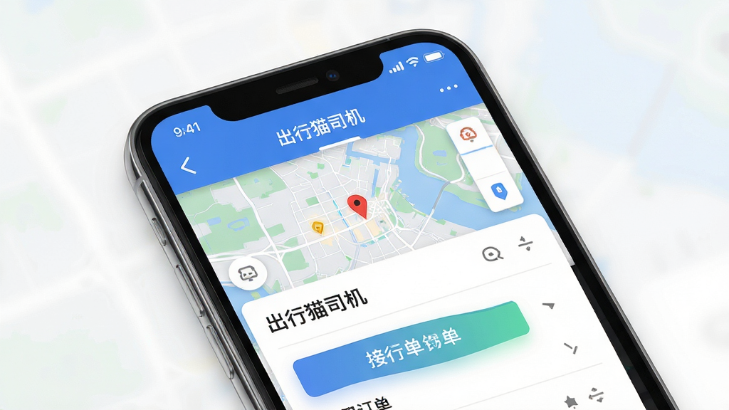 出行猫司机端主界面展示,手机屏幕中显示地图与订单列表,布局清晰,风格现代简洁,细节包含导航栏与接单按钮,画质高清,干净,无多余元素