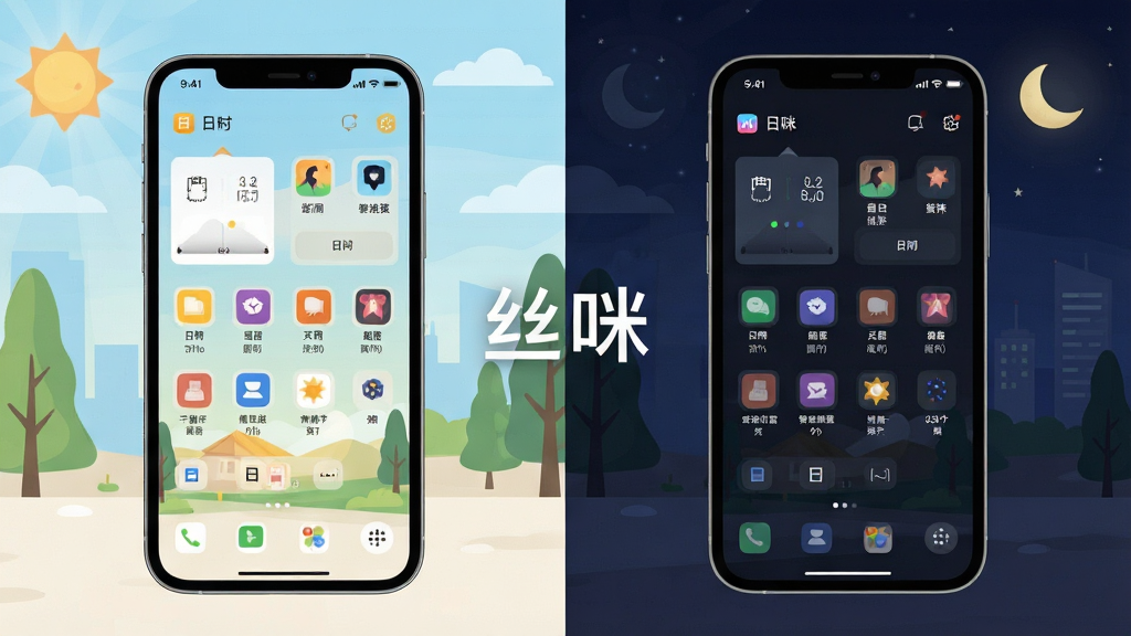 一张展示丝咪软件智能场景适配功能的AI生图,主体是手机屏幕中显示日间与夜间两种主题界面对比,布局为左右分屏展示同一部手机的不同模式界面,排版工整对称,风格为扁平化科技插画,细节包括日间明亮色调与夜间深色色调的切换效果、图标颜色变化、状态栏适配,画质高清干净无多余元素,图片中打文字