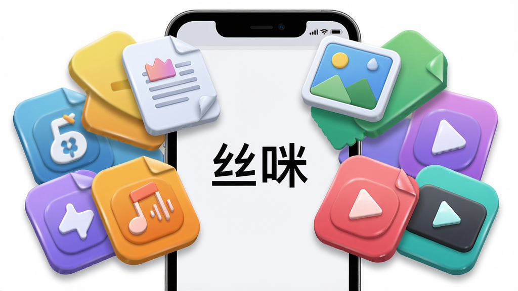 一张展示丝咪软件多格式兼容处理能力的AI生图,主体是手机屏幕中同时排列文档、图片、音频、视频四种文件图标,布局为手机居中、图标环绕式展开,排版呈放射状视觉效果,风格为3D立体图标设计,细节包括每种文件类型的独特标识色、光泽质感、阴影层次,画质高清干净无多余元素,图片中打文字