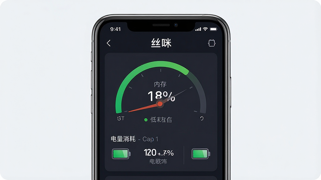 一张展示丝咪软件轻量化资源占用特点的AI生图,主体是手机屏幕中显示内存占用与电量消耗的低数值仪表盘,布局为手机居中展示仪表盘界面,排版简洁直观,风格为数据可视化仪表盘设计,细节包括绿色低耗指示条、内存百分比数字、电池图标,画质高清干净无多余元素,图片中打文字