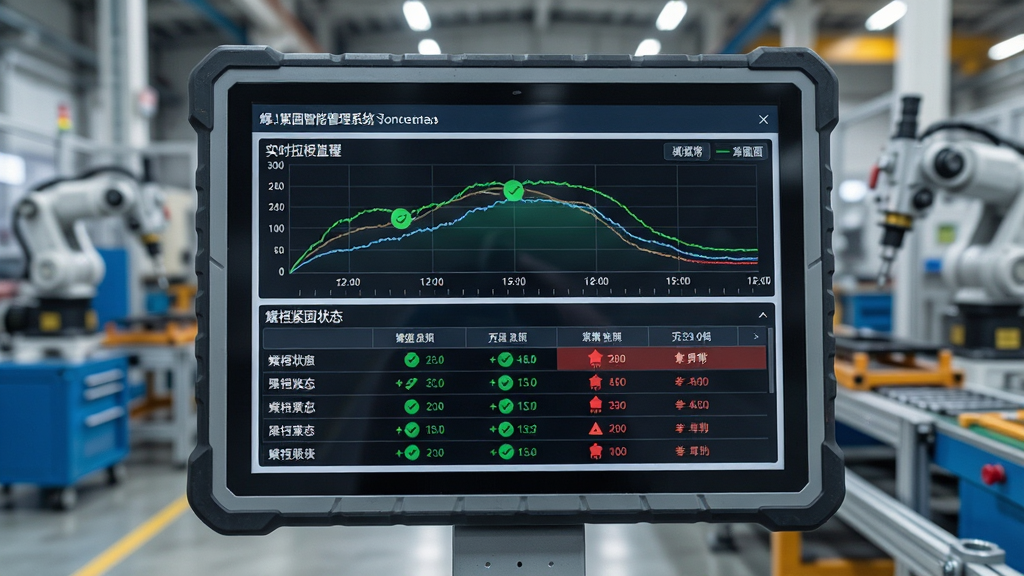 一张展示螺栓紧固智能管理系统实时数据采集界面的图片,画面主体为工业平板电脑,屏幕上显示实时扭矩曲线和螺栓紧固状态列表,背景是工厂装配线,布局为上方曲线图下方数据表格,风格现代工业科技感,细节包含绿色合格标识、红色异常标识、时间轴,画质清晰,干净,无多余元素