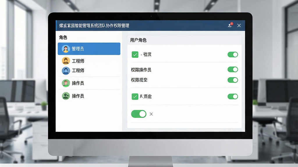 一张展示螺栓紧固智能管理系统团队协作权限管理界面的图片,画面主体为电脑屏幕,屏幕上显示用户角色列表和权限勾选框,背景是现代化办公室,布局为左右结构左侧角色列表右侧权限详情,风格简洁商务,细节包含管理员图标、工程师图标、操作员图标、权限开关,画质清晰,干净,无多余元素