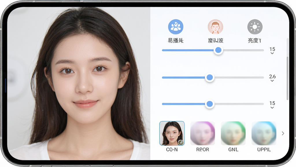 易播软件美颜调节界面预览图,画面展示手机屏幕中的人像美颜参数调节滑块和滤镜缩略图,布局为左侧预览右侧参数,风格柔和清新,细节包含磨皮、瘦脸、亮度等图标,画质高清,干净无多余元素