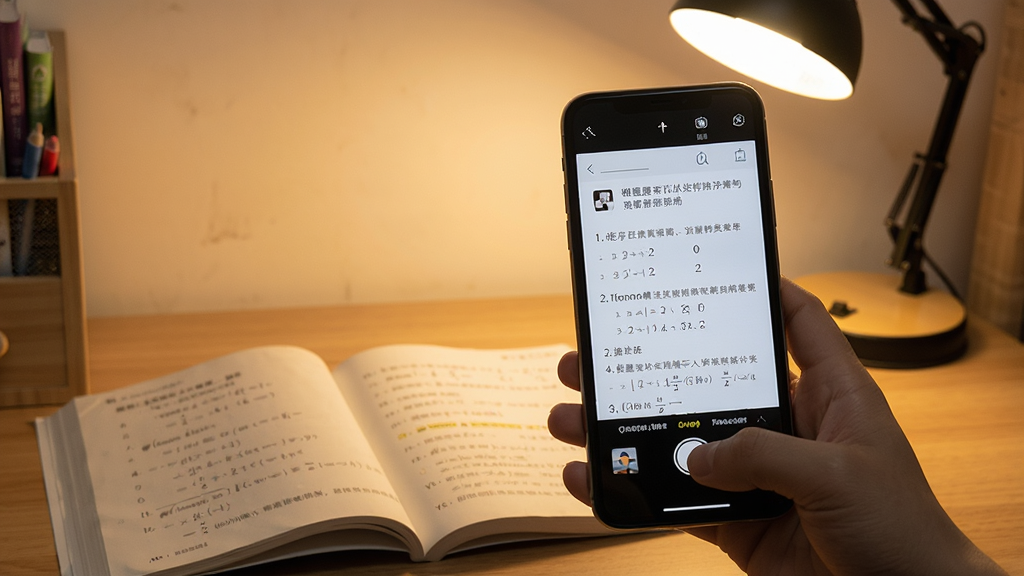 一张展示智慧伙伴智能答疑功能的场景图,画面主体是一部手机,屏幕上显示拍照搜题界面,镜头对准一本打开的数学练习册,手机屏幕内呈现题目解析步骤,背景是书桌和台灯,风格写实偏暖,细节清晰,画质干净,无多余元素