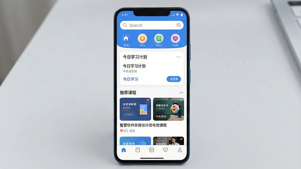 一张展示智慧伙伴软件主界面的手机屏幕效果图,画面中央是一台竖屏安卓手机,屏幕内显示学习类APP首页布局,顶部有搜索框和学科分类图标,中部有今日学习计划卡片和推荐课程列表,底部为导航栏,整体配色以蓝白为主,风格简洁清新,背景为浅灰色桌面,光线柔和均匀,画质清晰,干净整洁,无多余元素