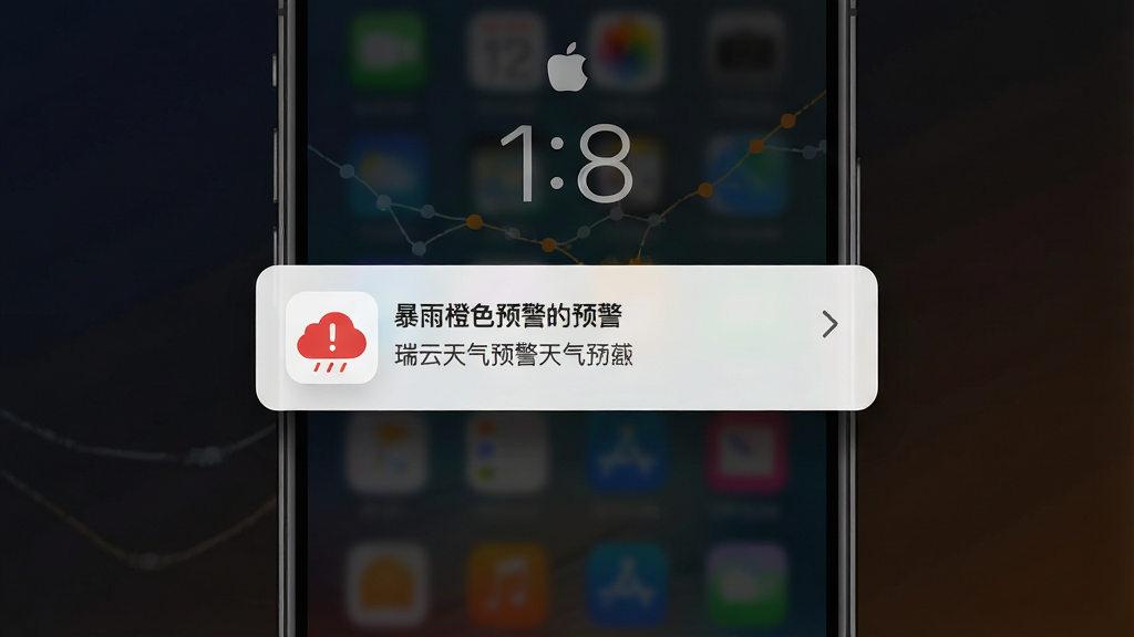 一张展示瑞云天气预警推送功能的图片,画面主体是手机锁屏界面弹出天气预警通知卡片,卡片上有红色预警图标和文字“暴雨橙色预警”,布局为手机居中,背景是暗色渐变,风格为现代UI设计风,细节包括通知卡片的阴影、图标的锐利边缘、文字的清晰排版,画质为高清,干净无多余元素。
