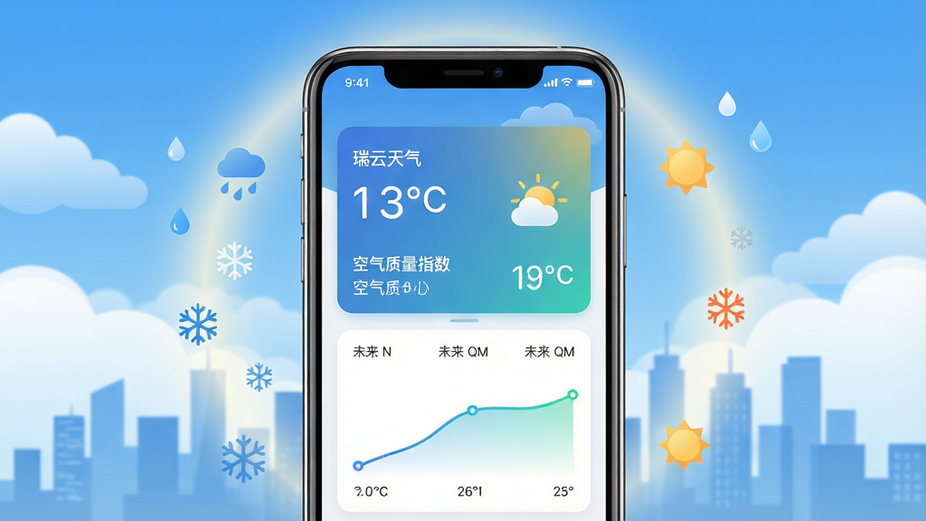 一张展示瑞云天气手机应用主界面的图片,画面中央是一部智能手机,屏幕上显示着瑞云天气的实时天气卡片,包含温度数字、天气图标、空气质量指数以及未来几小时预报曲线,背景是蓝天白云与城市剪影的融合,布局简洁清晰,排版以手机为中心,周围环绕着微小的气象符号如雨滴、雪花、太阳,风格为现代扁平化科技风,细节包括手机边缘的高光、屏幕内图标的细腻渐变、背景的柔和光晕,画质为4K超高清,干净无多余元素。