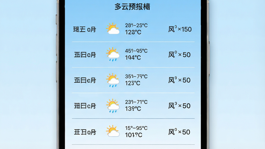 一张展示瑞云天气多日预报功能的图片,画面主体是手机屏幕显示7天天气预报列表,每天一行包含日期、天气图标、温度范围、风力,布局为垂直列表,背景是浅蓝色渐变,风格为清新简约风,细节包括图标的色彩搭配、文字的粗细对比、列表的分隔线,画质为高清,干净无多余元素。