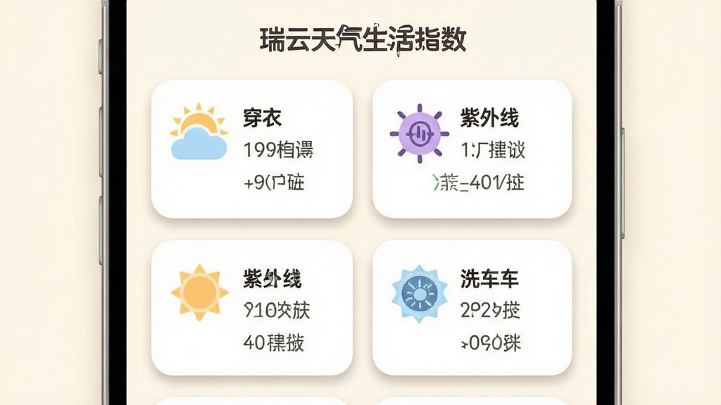 一张展示瑞云天气生活指数功能的图片,画面主体是手机屏幕显示多个生活指数卡片,如穿衣、紫外线、洗车图标及文字建议,布局为网格状排列,背景是柔和的米白色,风格为扁平化插画风,细节包括图标的圆润造型、卡片的阴影、文字的易读性,画质为高清,干净无多余元素。
