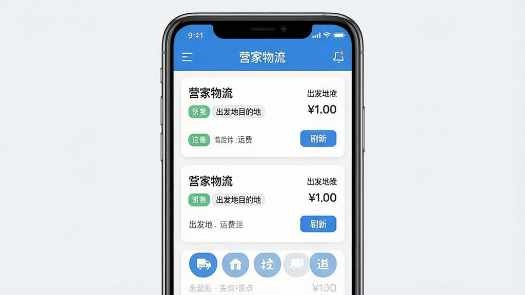 一张展示手机屏幕中货源列表滚动更新的特写图,画面主体为“营家物流”应用界面,布局为竖版手机屏幕居中,排版清晰展示多条货源卡片,风格现代简洁,细节包括货源标题、出发地目的地标签、运费金额、刷新按钮,画质高清,干净无杂乱元素