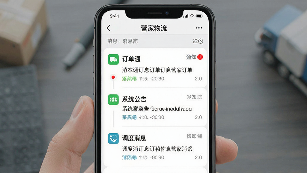 一张展示手机消息通知中心的界面图,画面主体为“营家物流”应用的消息列表页面,布局为竖版手机屏幕,排版按时间倒序展示订单通知、系统公告、调度消息,风格清爽简约,细节包括未读红点、消息图标、时间戳,画质清晰,干净整洁