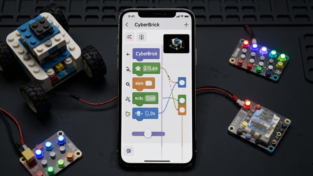 CyberBrick应用图形化编程界面,手机屏幕显示彩色积木块拖拽区域与逻辑连线,背景为深色工作台,旁边摆放CyberBrick积木小车与LED灯模块,布局为手机居中、积木环绕,风格为创客工作台风格,细节包括编程块图标、参数滑块、实时预览窗口,画质高清,干净无多余元素。