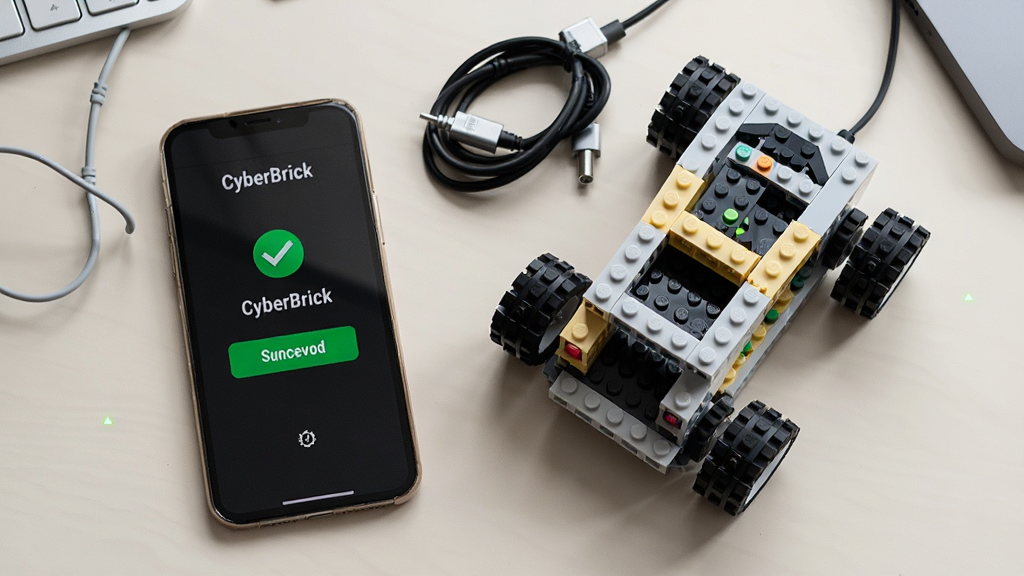CyberBrick新手使用场景,手机屏幕显示连接成功界面,旁边放着CyberBrick积木小车与充电线,背景为居家书桌,布局为俯视角度,风格为生活化教学风,细节包括手机界面、积木细节、充电指示灯,画质清晰,干净无多余元素。